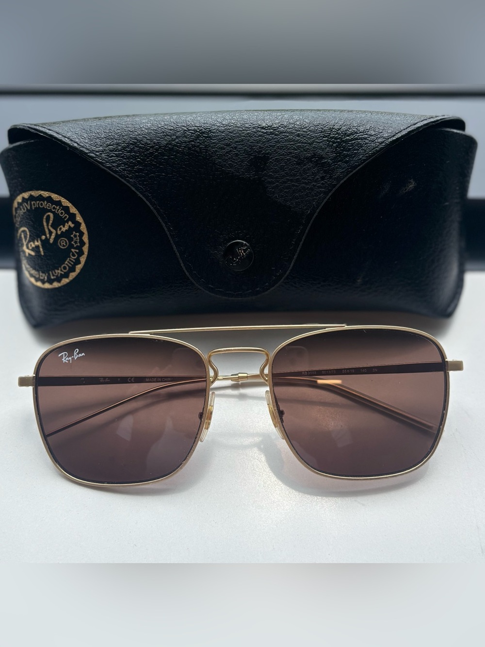 Ray-Ban RB3588 Aviator Square Gold Brown Sunglasses 55mm w/ Case